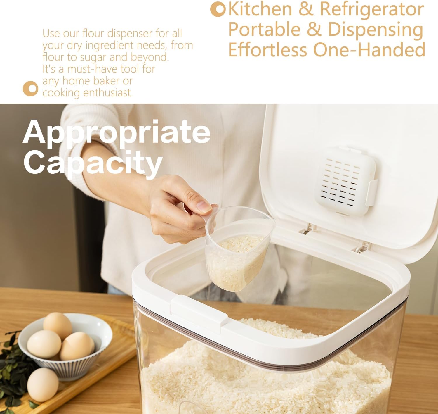 "11L airtight food storage container for flour and rice"

"Clear plastic pantry organizer holding 20 lb of dry goods"

"Large kitchen food bin with airtight seal"