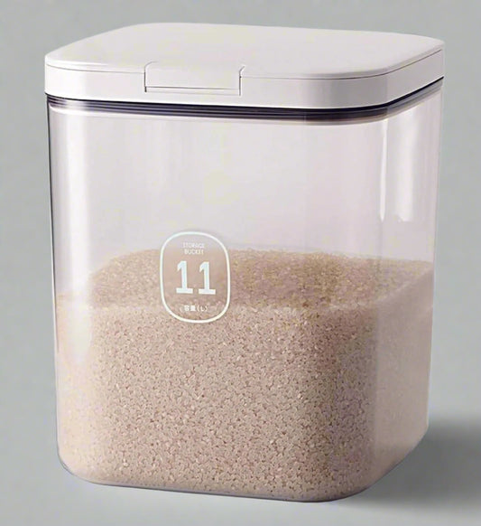 "11L airtight food storage container for flour and rice"

"Clear plastic pantry organizer holding 20 lb of dry goods"

"Large kitchen food bin with airtight seal"