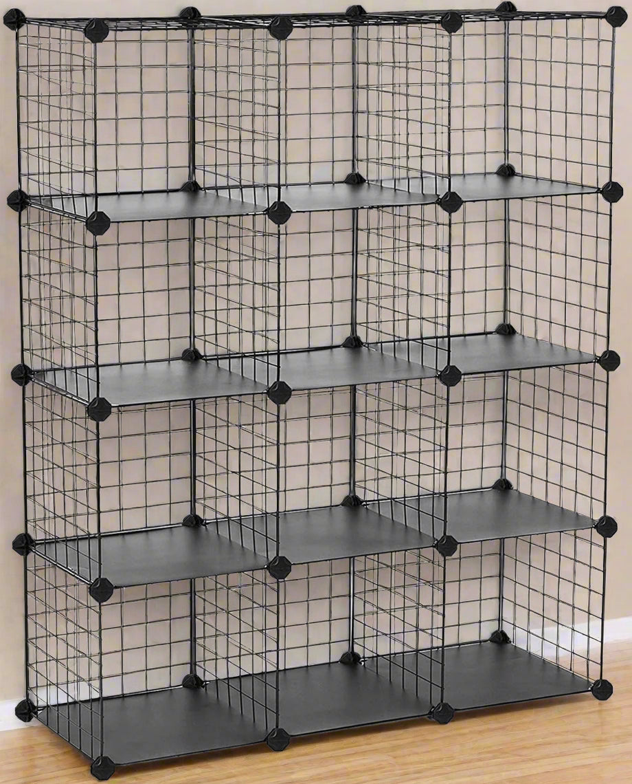 12-cube wire grid organizer with solid base
Modular cube storage shelf system for closet and home
black wire cube shelving unit with interlocking design