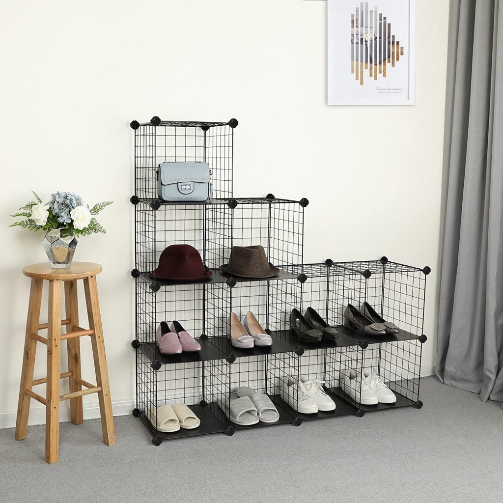 12-cube wire grid organizer with solid base
Modular cube storage shelf system for closet and home
black wire cube shelving unit with interlocking design