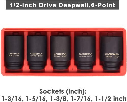 5-Piece 1/2" Deep Drive Axle Nut Socket Set in Red Case – Top View

Heavy-Duty Impact Sockets with Storage Case

Close-Up of 1/2” Drive Axle Nut Sockets

Impact-Ready Chrome Molybdenum Socket Set for Trucks

Deep Drive Socket Kit for Axle Nut Applications
