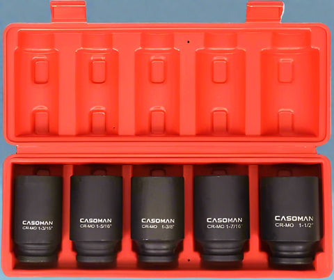 5-Piece 1/2" Deep Drive Axle Nut Socket Set in Red Case – Top View

Heavy-Duty Impact Sockets with Storage Case

Close-Up of 1/2” Drive Axle Nut Sockets

Impact-Ready Chrome Molybdenum Socket Set for Trucks

Deep Drive Socket Kit for Axle Nut Applications