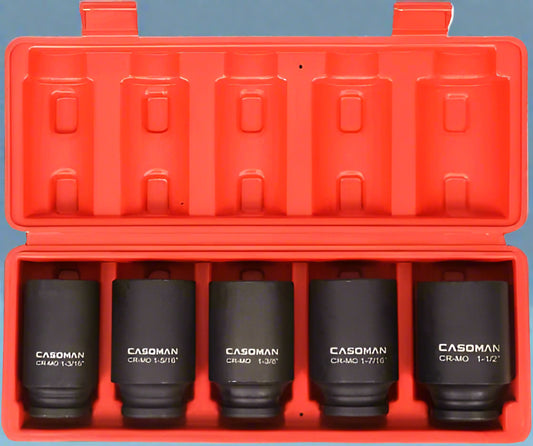 5-Piece 1/2" Deep Drive Axle Nut Socket Set in Red Case – Top View

Heavy-Duty Impact Sockets with Storage Case

Close-Up of 1/2” Drive Axle Nut Sockets

Impact-Ready Chrome Molybdenum Socket Set for Trucks

Deep Drive Socket Kit for Axle Nut Applications