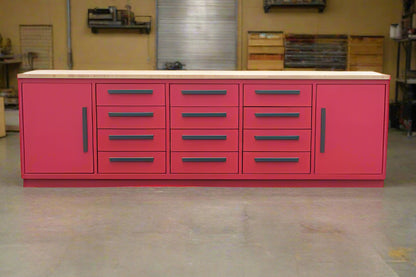Heavy-duty steel workbench with 12 drawers and 2 cabinets – front view
Red metal tool storage bench for garage or workshop use
Industrial-grade 12-drawer workbench with welded backsplash