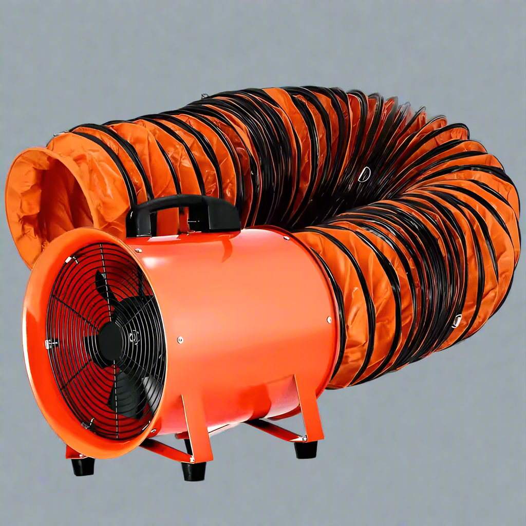 12" industrial blower fan with attached orange hose

Side view of portable utility exhaust fan

Flexible 25 ft ventilation hose included

Blower fan setup with duct for construction use

Rear fan view with protective grill and carry handle