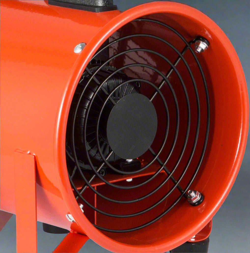 12" industrial blower fan with attached orange hose

Side view of portable utility exhaust fan

Flexible 25 ft ventilation hose included

Blower fan setup with duct for construction use

Rear fan view with protective grill and carry handle