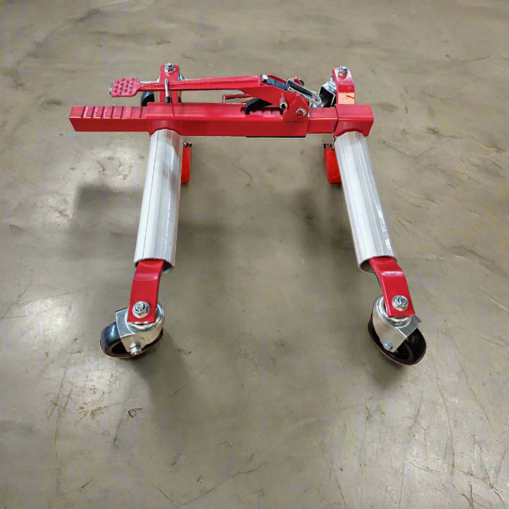 12″ Mechanical Go Jack with 360° PU wheels and foot pedal
Heavy-duty car dolly for sedans, SUVs, and light trucks
Mechanical jack for garages and auto repair shops