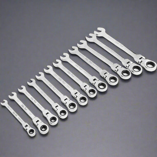 12-piece chrome folding ratchet wrench set with case
Compact ratchet wrench set with metric and SAE tools
Heavy-duty chrome-plated ratcheting wrenches
Silver mechanic wrench kit in a foldable organizer