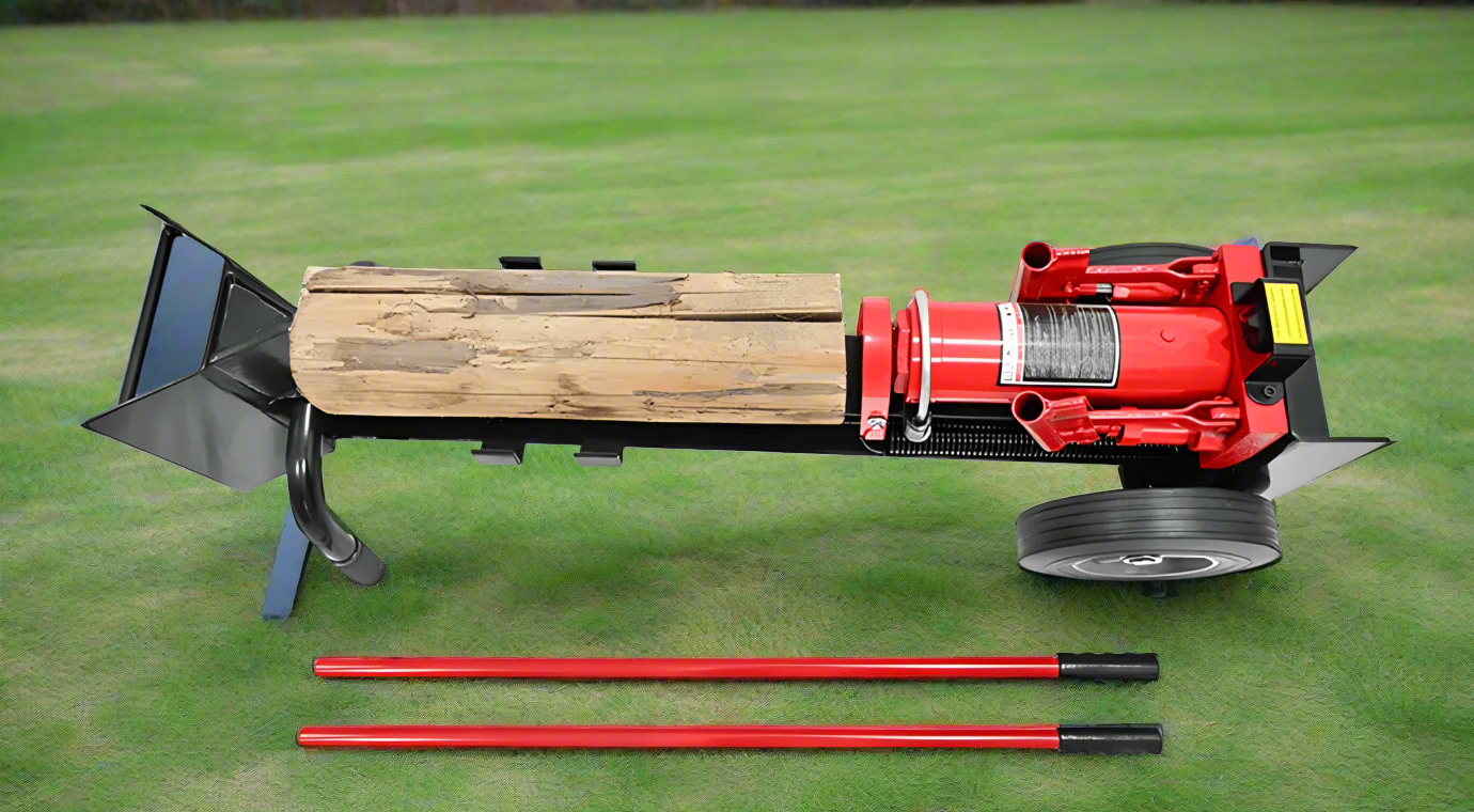 12 Ton Manual Hydraulic Log Splitter in red – full view
Close-up of dual-handle pump on 12 Ton wood splitter
Manual log splitter in backyard with firewood stack