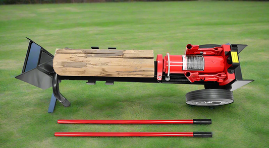 12 Ton Manual Hydraulic Log Splitter in red – full view
Close-up of dual-handle pump on 12 Ton wood splitter
Manual log splitter in backyard with firewood stack