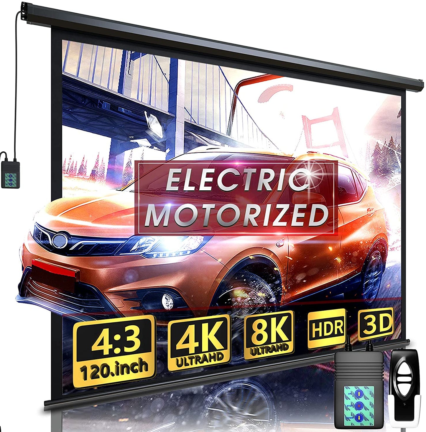 120 Inch Motorized Projector Screen – Remote Control Retractable Projection Display for Indoor & Outdoor Use (Model 599010)
