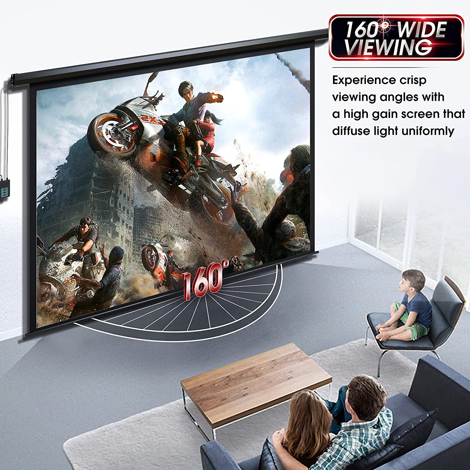 120 Inch Motorized Projector Screen – Remote Control Retractable Projection Display for Indoor & Outdoor Use (Model 599010)