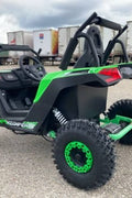 Front view of 1200W 48V Electric Go Kart UTV in green with roll cage

Side view showing suspension and knobby tires

Red electric off-road buggy for youth

Adjustable racing seat with seatbelt

Rear motor and chain drive close-up

Hydraulic disc brakes and rear suspension

Dual color variants: red and green off-road karts
