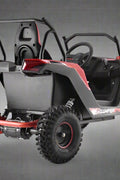Front view of 1200W 48V Electric Go Kart UTV in green with roll cage

Side view showing suspension and knobby tires

Red electric off-road buggy for youth

Adjustable racing seat with seatbelt

Rear motor and chain drive close-up

Hydraulic disc brakes and rear suspension

Dual color variants: red and green off-road karts