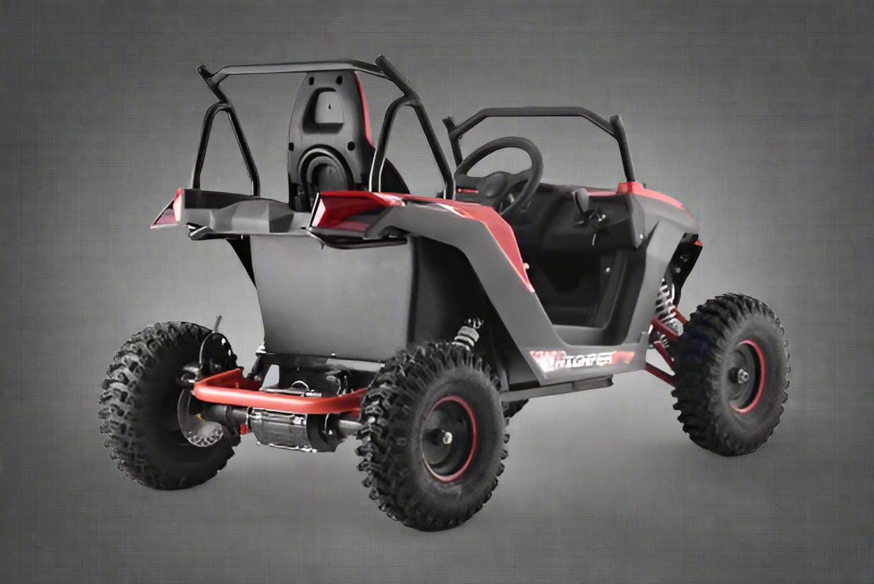 Front view of 1200W 48V Electric Go Kart UTV in green with roll cage

Side view showing suspension and knobby tires

Red electric off-road buggy for youth

Adjustable racing seat with seatbelt

Rear motor and chain drive close-up

Hydraulic disc brakes and rear suspension

Dual color variants: red and green off-road karts