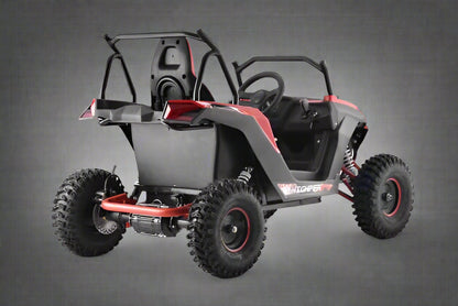 Front view of 1200W 48V Electric Go Kart UTV in green with roll cage

Side view showing suspension and knobby tires

Red electric off-road buggy for youth

Adjustable racing seat with seatbelt

Rear motor and chain drive close-up

Hydraulic disc brakes and rear suspension

Dual color variants: red and green off-road karts