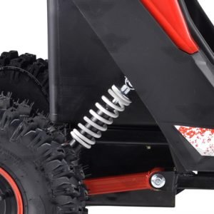 Front view of 1200W 48V Electric Go Kart UTV in green with roll cage

Side view showing suspension and knobby tires

Red electric off-road buggy for youth

Adjustable racing seat with seatbelt

Rear motor and chain drive close-up

Hydraulic disc brakes and rear suspension

Dual color variants: red and green off-road karts