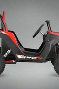 Front view of 1200W 48V Electric Go Kart UTV in green with roll cage

Side view showing suspension and knobby tires

Red electric off-road buggy for youth

Adjustable racing seat with seatbelt

Rear motor and chain drive close-up

Hydraulic disc brakes and rear suspension

Dual color variants: red and green off-road karts
