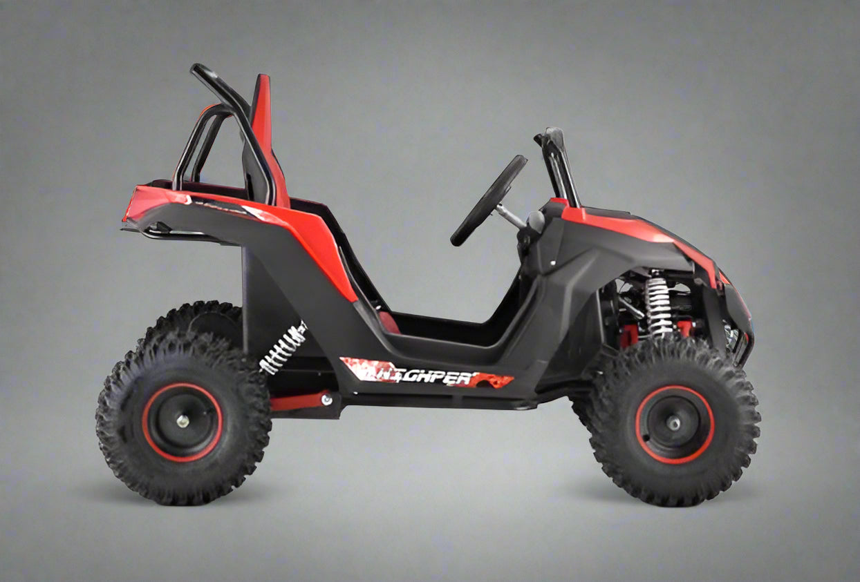 Front view of 1200W 48V Electric Go Kart UTV in green with roll cage

Side view showing suspension and knobby tires

Red electric off-road buggy for youth

Adjustable racing seat with seatbelt

Rear motor and chain drive close-up

Hydraulic disc brakes and rear suspension

Dual color variants: red and green off-road karts