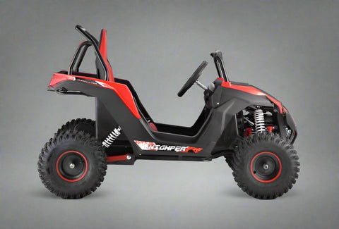 Front view of 1200W 48V Electric Go Kart UTV in green with roll cage

Side view showing suspension and knobby tires

Red electric off-road buggy for youth

Adjustable racing seat with seatbelt

Rear motor and chain drive close-up

Hydraulic disc brakes and rear suspension

Dual color variants: red and green off-road karts