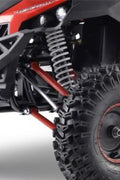 Front view of 1200W 48V Electric Go Kart UTV in green with roll cage

Side view showing suspension and knobby tires

Red electric off-road buggy for youth

Adjustable racing seat with seatbelt

Rear motor and chain drive close-up

Hydraulic disc brakes and rear suspension

Dual color variants: red and green off-road karts