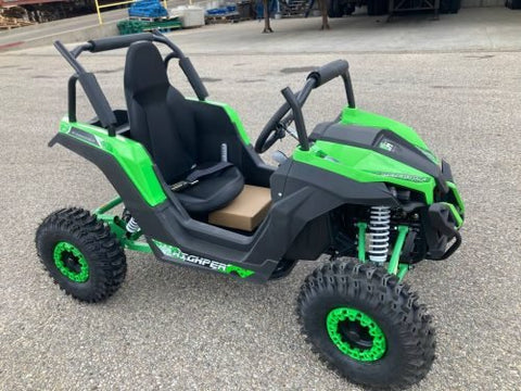 Front view of 1200W 48V Electric Go Kart UTV in green with roll cage

Side view showing suspension and knobby tires

Red electric off-road buggy for youth

Adjustable racing seat with seatbelt

Rear motor and chain drive close-up

Hydraulic disc brakes and rear suspension

Dual color variants: red and green off-road karts