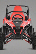 Front view of 1200W 48V Electric Go Kart UTV in green with roll cage

Side view showing suspension and knobby tires

Red electric off-road buggy for youth

Adjustable racing seat with seatbelt

Rear motor and chain drive close-up

Hydraulic disc brakes and rear suspension

Dual color variants: red and green off-road karts