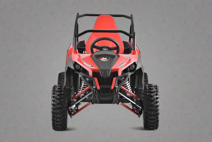 Front view of 1200W 48V Electric Go Kart UTV in green with roll cage

Side view showing suspension and knobby tires

Red electric off-road buggy for youth

Adjustable racing seat with seatbelt

Rear motor and chain drive close-up

Hydraulic disc brakes and rear suspension

Dual color variants: red and green off-road karts