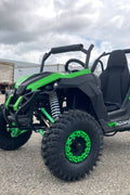 Front view of 1200W 48V Electric Go Kart UTV in green with roll cage

Side view showing suspension and knobby tires

Red electric off-road buggy for youth

Adjustable racing seat with seatbelt

Rear motor and chain drive close-up

Hydraulic disc brakes and rear suspension

Dual color variants: red and green off-road karts