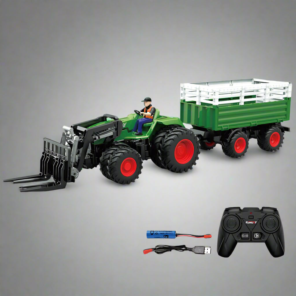 "1:24 Scale Remote Control Tractor Loader Toy for Kids"

"6-Channel RC Tractor Farm Toy with Realistic Design"

"Rechargeable Remote Control Tractor and Wagon Set"

"Durable 1:24 Scale RC Farm Truck Vehicles"

"Set of 1:24 Remote Control Farm Trucks for Kids"