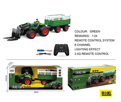 "1:24 Scale Remote Control Tractor Loader Toy for Kids"

"6-Channel RC Tractor Farm Toy with Realistic Design"

"Rechargeable Remote Control Tractor and Wagon Set"

"Durable 1:24 Scale RC Farm Truck Vehicles"

"Set of 1:24 Remote Control Farm Trucks for Kids"