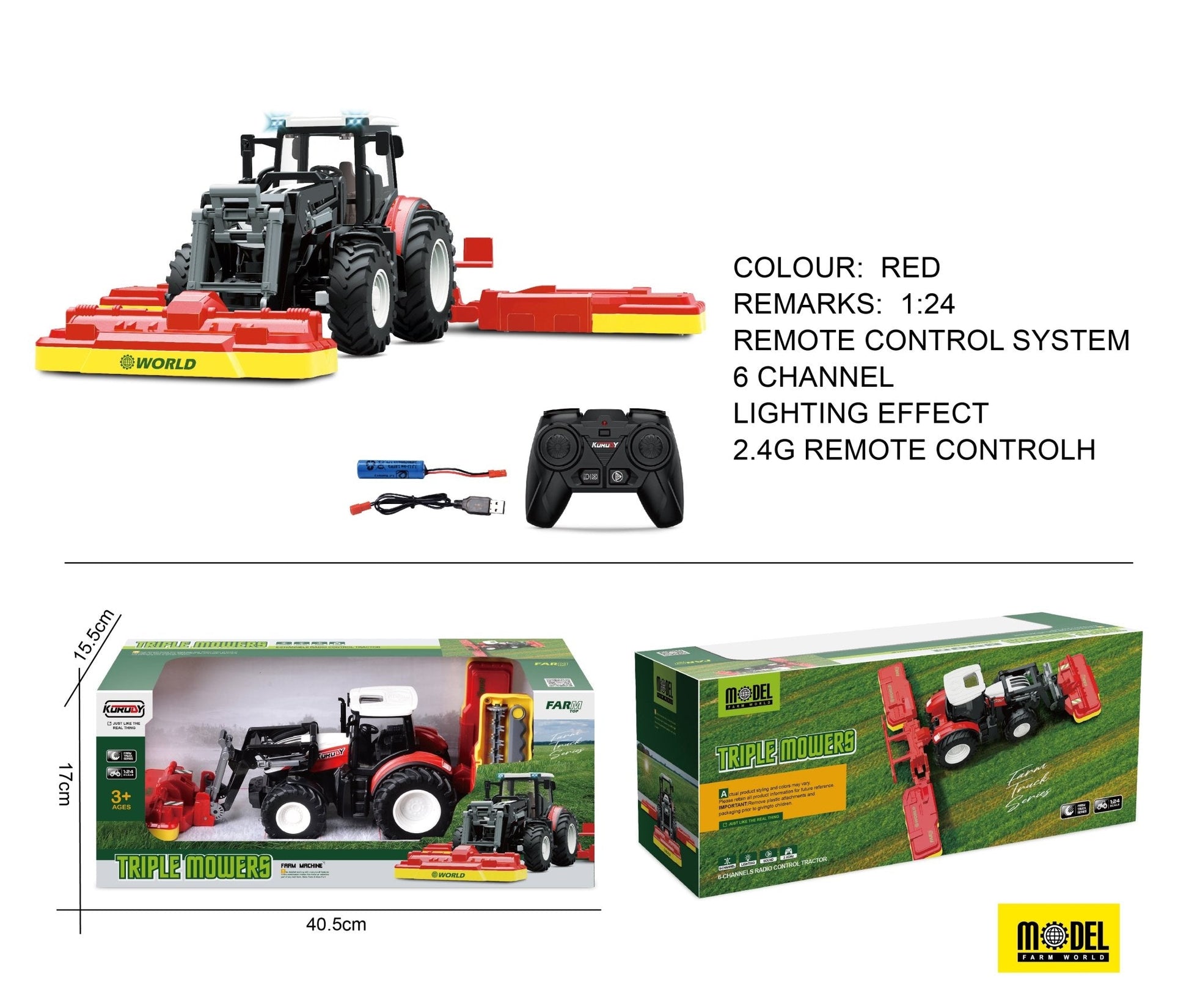 "1:24 Scale Remote Control Tractor Loader Toy for Kids"

"6-Channel RC Tractor Farm Toy with Realistic Design"

"Rechargeable Remote Control Tractor and Wagon Set"

"Durable 1:24 Scale RC Farm Truck Vehicles"

"Set of 1:24 Remote Control Farm Trucks for Kids"
