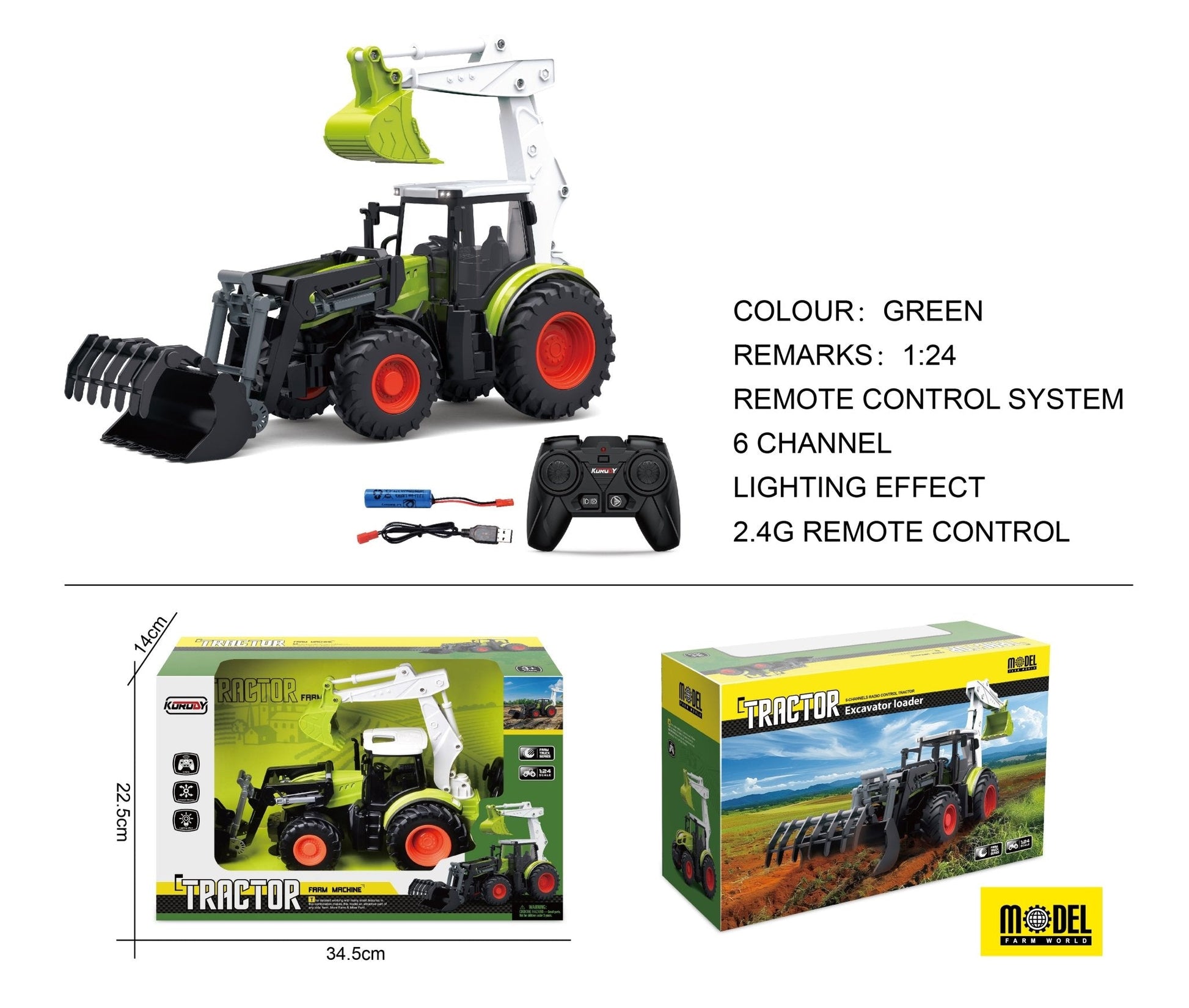 "1:24 Scale Remote Control Tractor Loader Toy for Kids"

"6-Channel RC Tractor Farm Toy with Realistic Design"

"Rechargeable Remote Control Tractor and Wagon Set"

"Durable 1:24 Scale RC Farm Truck Vehicles"

"Set of 1:24 Remote Control Farm Trucks for Kids"