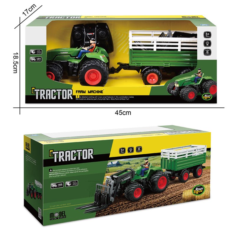 "1:24 Scale Remote Control Tractor Loader Toy for Kids"

"6-Channel RC Tractor Farm Toy with Realistic Design"

"Rechargeable Remote Control Tractor and Wagon Set"

"Durable 1:24 Scale RC Farm Truck Vehicles"

"Set of 1:24 Remote Control Farm Trucks for Kids"