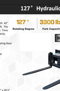 Rotating hydraulic skid steer pallet fork with 42” tines

HRB11172A attachment showing 127° rotation

Heavy-duty quick attach pallet forks for skid steer

Close-up of reinforced steel fork frame

Rotating fork in lifted pallet position on gravel site