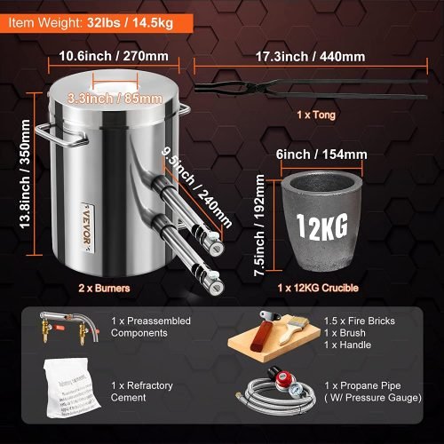"12KG dual burner propane smelting furnace with accessories"

"Metal melting furnace kit with tongs and graphite crucible"

"Side view of propane furnace for aluminum and gold melting"

"Dual burner stainless steel smelter with open lid"

"Complete DIY metal melting setup with regulator and hose"