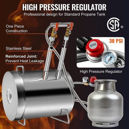 "12KG dual burner propane smelting furnace with accessories"

"Metal melting furnace kit with tongs and graphite crucible"

"Side view of propane furnace for aluminum and gold melting"

"Dual burner stainless steel smelter with open lid"

"Complete DIY metal melting setup with regulator and hose"