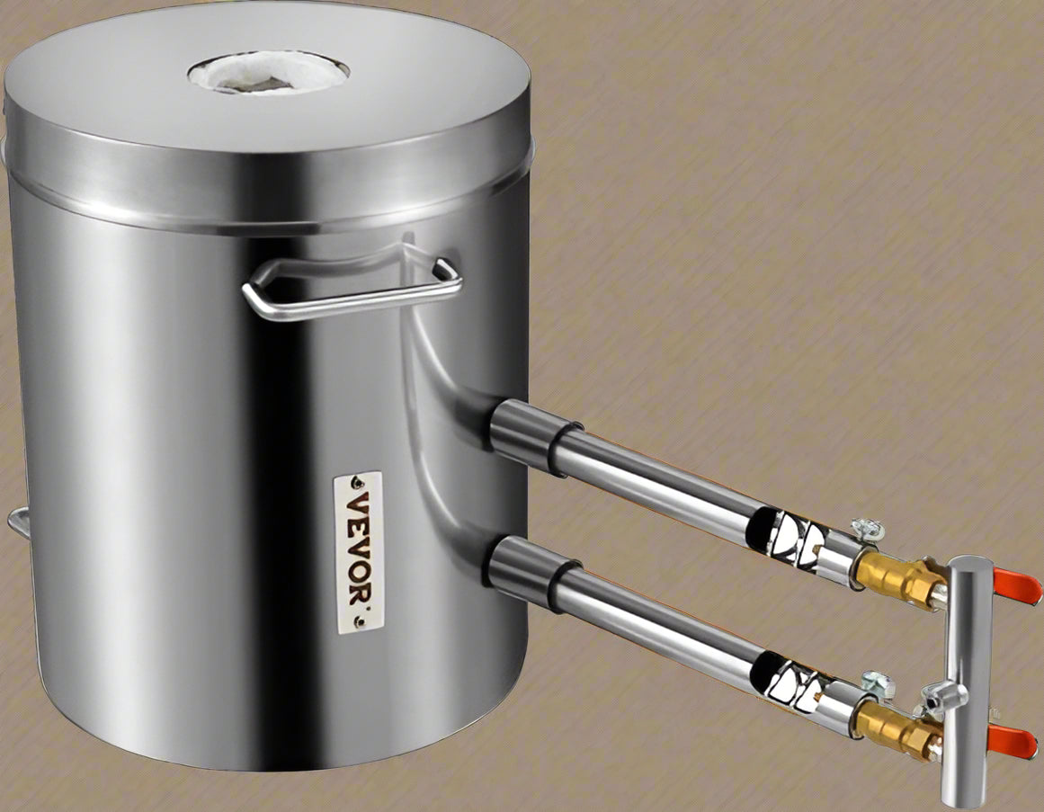 "12KG dual burner propane smelting furnace with accessories"

"Metal melting furnace kit with tongs and graphite crucible"

"Side view of propane furnace for aluminum and gold melting"

"Dual burner stainless steel smelter with open lid"

"Complete DIY metal melting setup with regulator and hose"
