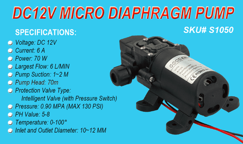 New 12V 70W High Pressure Diaphragm Water Pump – 130 PSI Self - Priming for Efficient Water Flow S1050 - with | Sold by Uncle Wiener's Wholesale