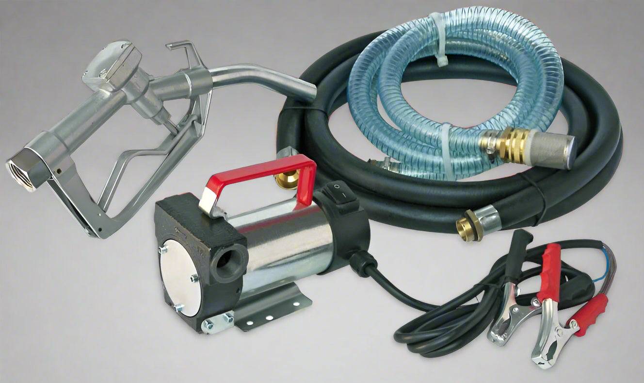 12V Diesel Transfer Pump Kit with Hoses and Nozzle – Model EOPD11
Heavy-Duty Cast Iron Diesel Pump with 50L/min Flow Rate
Complete Diesel Pump System with Stainless Steel Filter
Close-up View of Fuel Nozzle and Hose Attachments