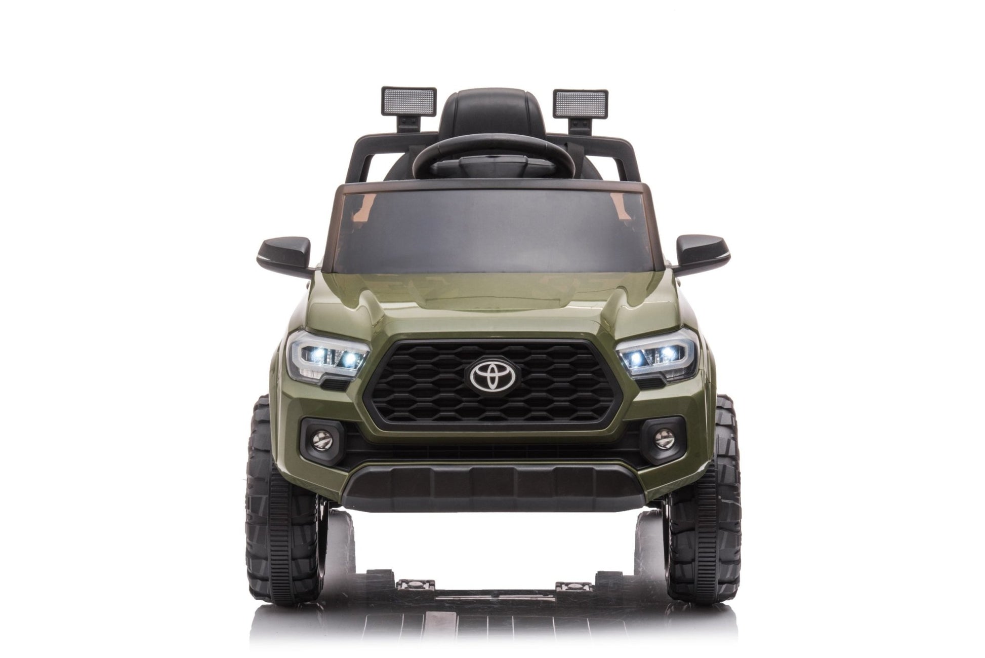 Olive green Toyota-style ride-on pickup truck for kids

Side view of remote-control kids truck with leather seat

Child’s electric ride-on truck with LED headlights

Toyota ride-on truck in olive green with suspension

Battery-powered pickup truck for toddlers