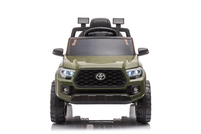 Olive green Toyota-style ride-on pickup truck for kids

Side view of remote-control kids truck with leather seat

Child’s electric ride-on truck with LED headlights

Toyota ride-on truck in olive green with suspension

Battery-powered pickup truck for toddlers