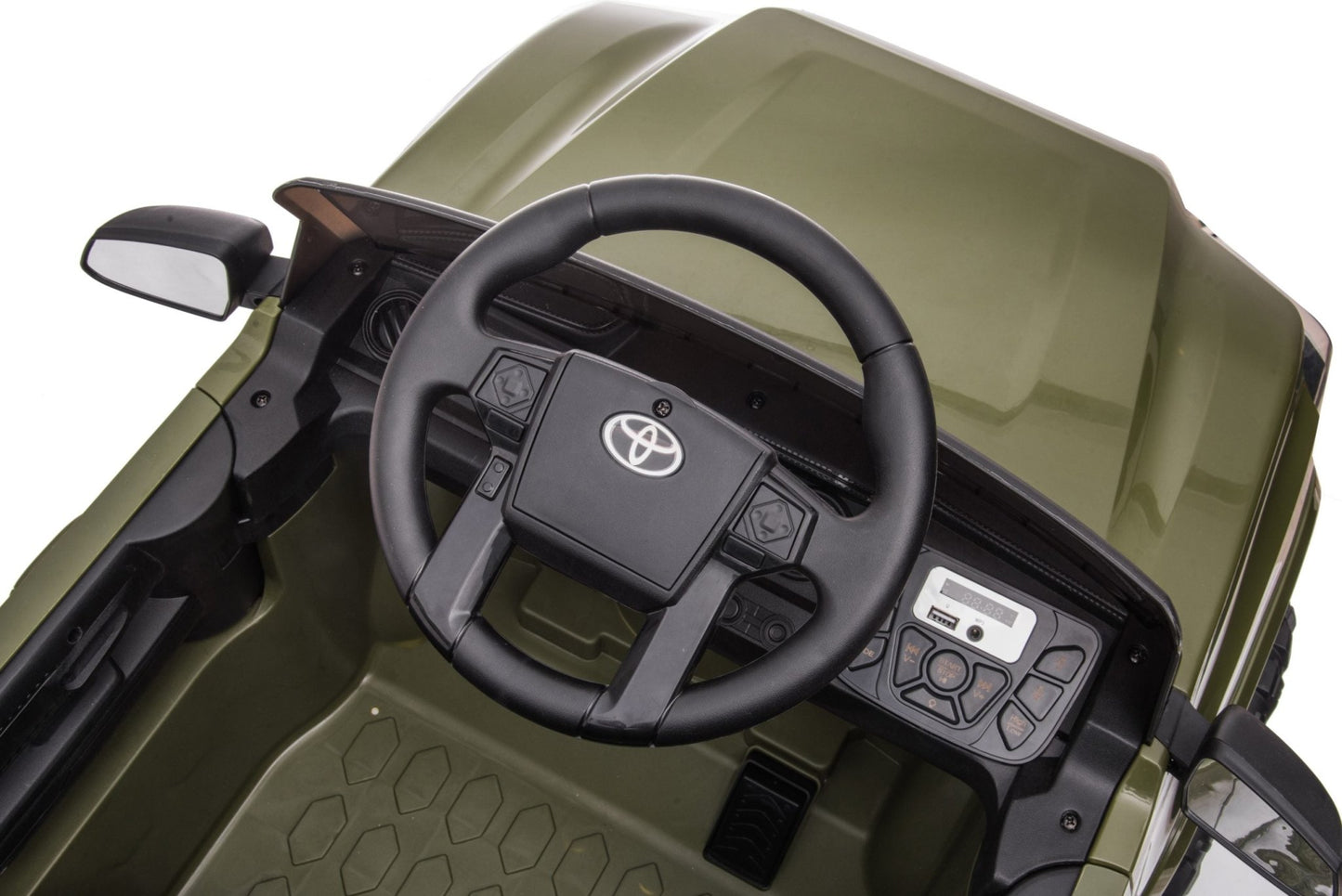 Olive green Toyota-style ride-on pickup truck for kids

Side view of remote-control kids truck with leather seat

Child’s electric ride-on truck with LED headlights

Toyota ride-on truck in olive green with suspension

Battery-powered pickup truck for toddlers