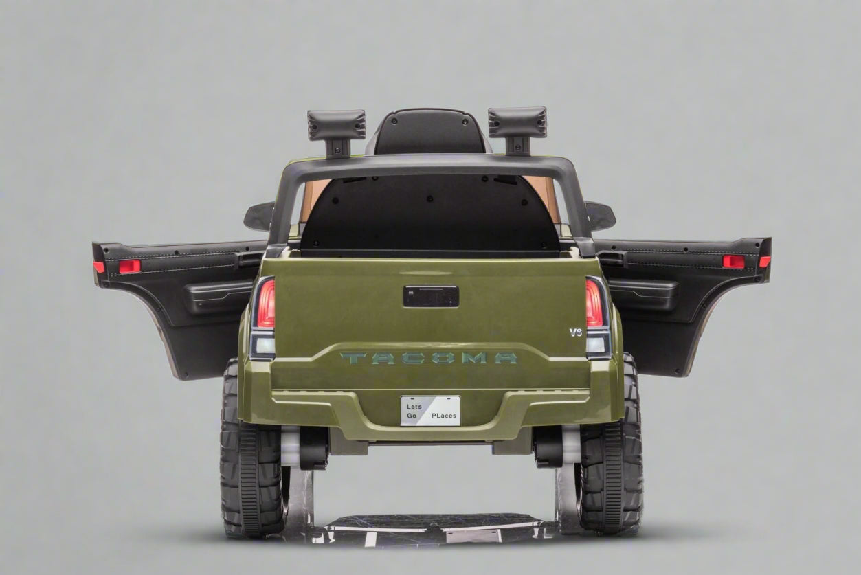 Olive green Toyota-style ride-on pickup truck for kids

Side view of remote-control kids truck with leather seat

Child’s electric ride-on truck with LED headlights

Toyota ride-on truck in olive green with suspension

Battery-powered pickup truck for toddlers