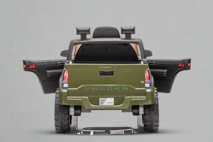 Olive green Toyota-style ride-on pickup truck for kids

Side view of remote-control kids truck with leather seat

Child’s electric ride-on truck with LED headlights

Toyota ride-on truck in olive green with suspension

Battery-powered pickup truck for toddlers