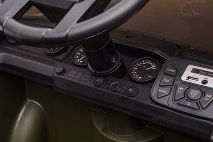 Olive green Toyota-style ride-on pickup truck for kids

Side view of remote-control kids truck with leather seat

Child’s electric ride-on truck with LED headlights

Toyota ride-on truck in olive green with suspension

Battery-powered pickup truck for toddlers