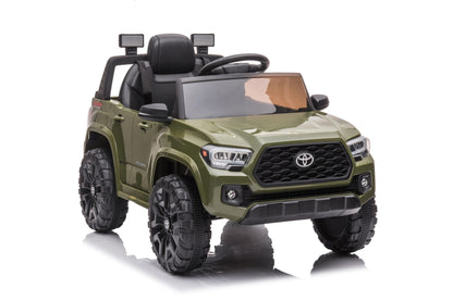Olive green Toyota-style ride-on pickup truck for kids

Side view of remote-control kids truck with leather seat

Child’s electric ride-on truck with LED headlights

Toyota ride-on truck in olive green with suspension

Battery-powered pickup truck for toddlers
