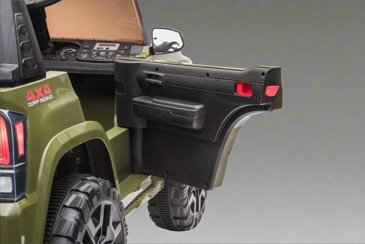 Olive green Toyota-style ride-on pickup truck for kids

Side view of remote-control kids truck with leather seat

Child’s electric ride-on truck with LED headlights

Toyota ride-on truck in olive green with suspension

Battery-powered pickup truck for toddlers