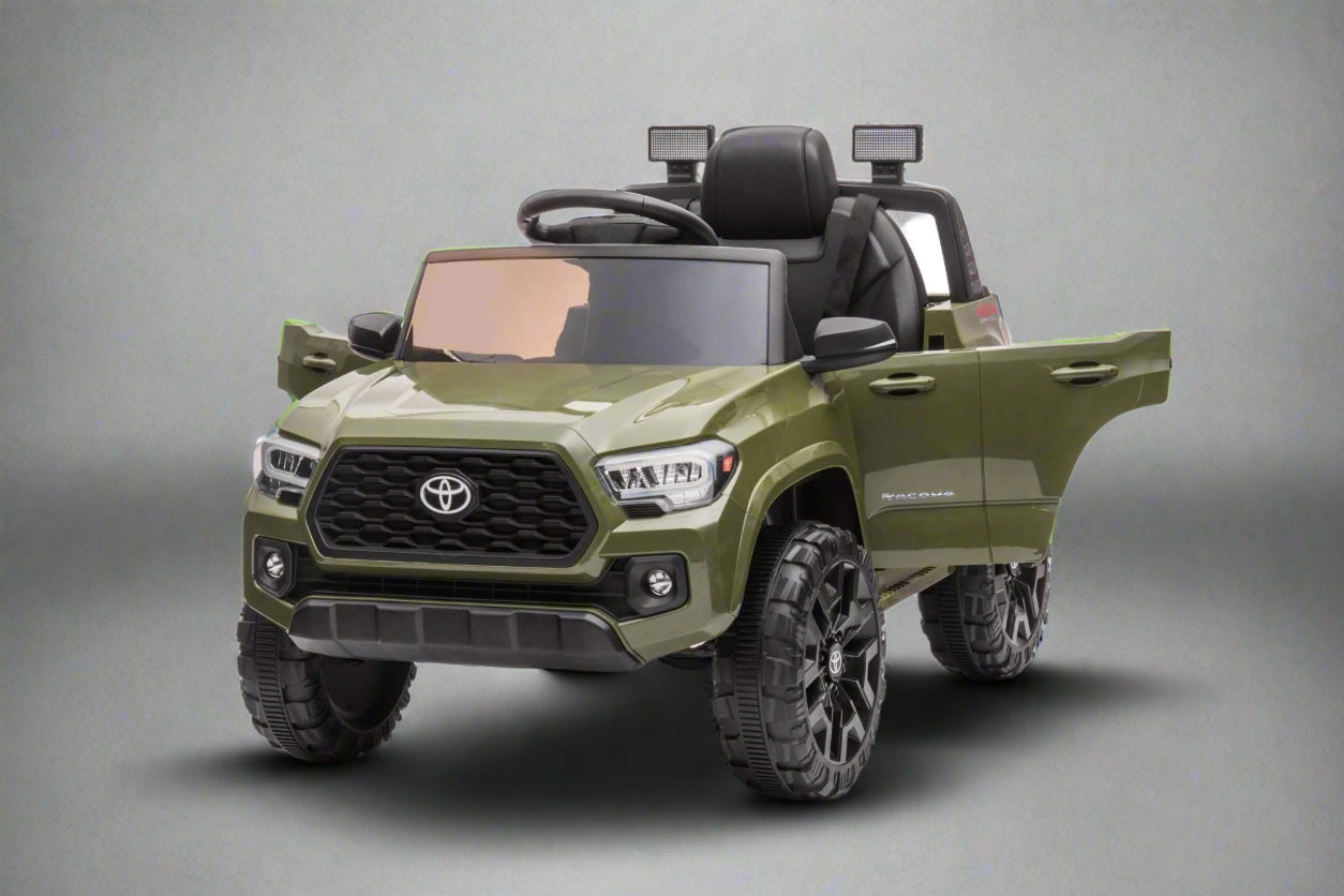 Olive green Toyota-style ride-on pickup truck for kids

Side view of remote-control kids truck with leather seat

Child’s electric ride-on truck with LED headlights

Toyota ride-on truck in olive green with suspension

Battery-powered pickup truck for toddlers