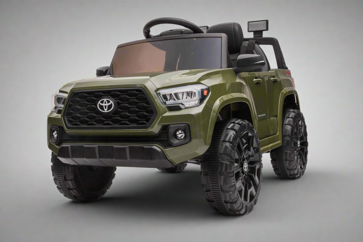 Olive green Toyota-style ride-on pickup truck for kids

Side view of remote-control kids truck with leather seat

Child’s electric ride-on truck with LED headlights

Toyota ride-on truck in olive green with suspension

Battery-powered pickup truck for toddlers